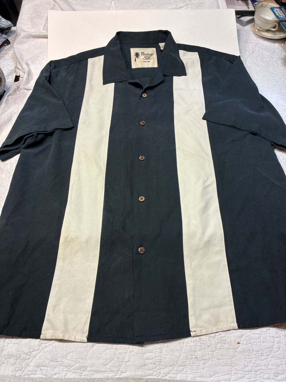 Vintage Silk Bowling Style Shirt Size Large Black Cream Panel